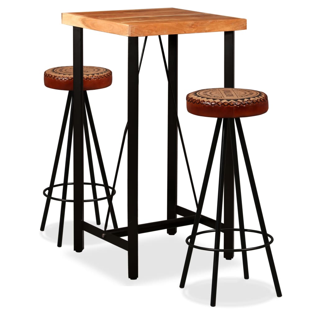 5-Delige Barset Massief Acaciahout, Echt Leer En Canvas
