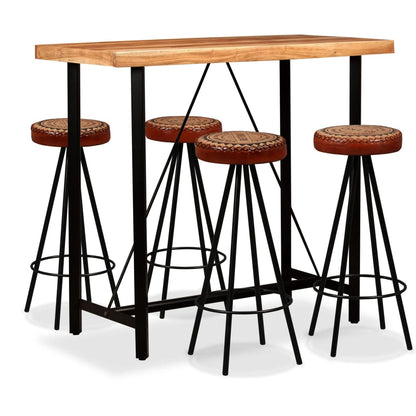 5-Delige Barset Massief Acaciahout, Echt Leer En Canvas