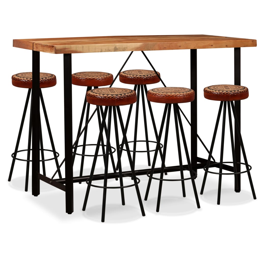5-Delige Barset Massief Acaciahout, Echt Leer En Canvas