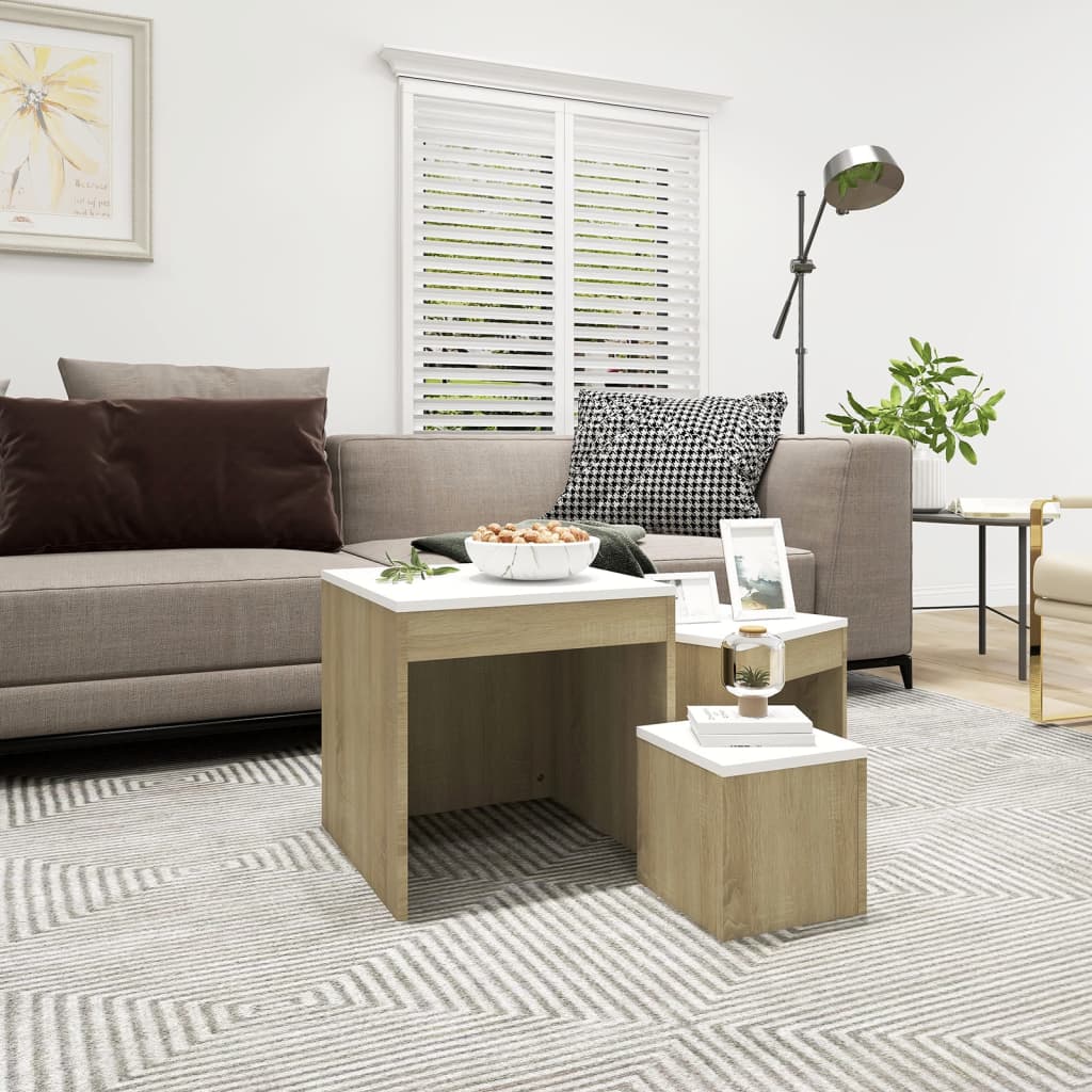 3-Delige Tafeltjesset Bewerkt Hout Eikenkleurig