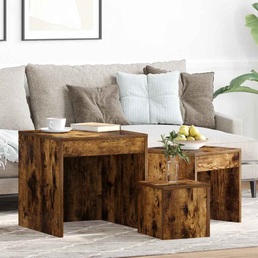 3-Delige Tafeltjesset Bewerkt Hout Eikenkleurig