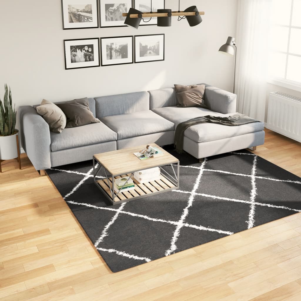 Vloerkleed Shaggy Hoogpolig Modern Zwart En Crème