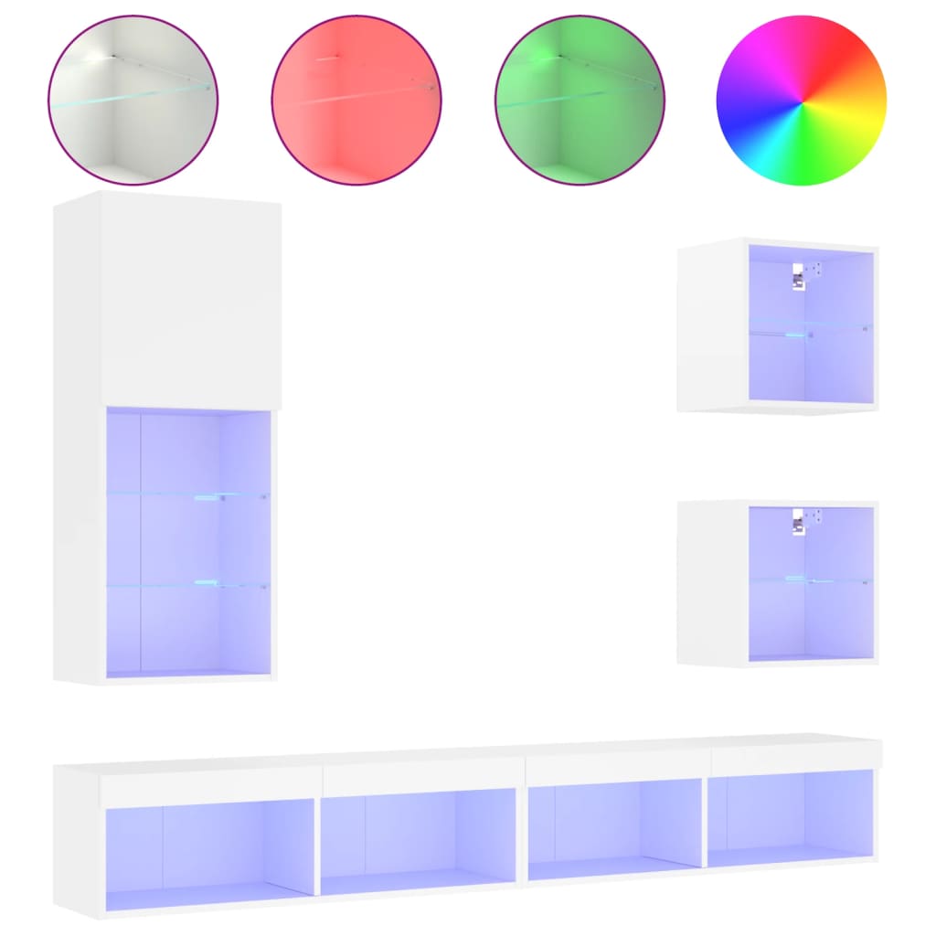 5-Delige Tv-Wandmeubelset Met Led-Verlichting Bewerkt Hout