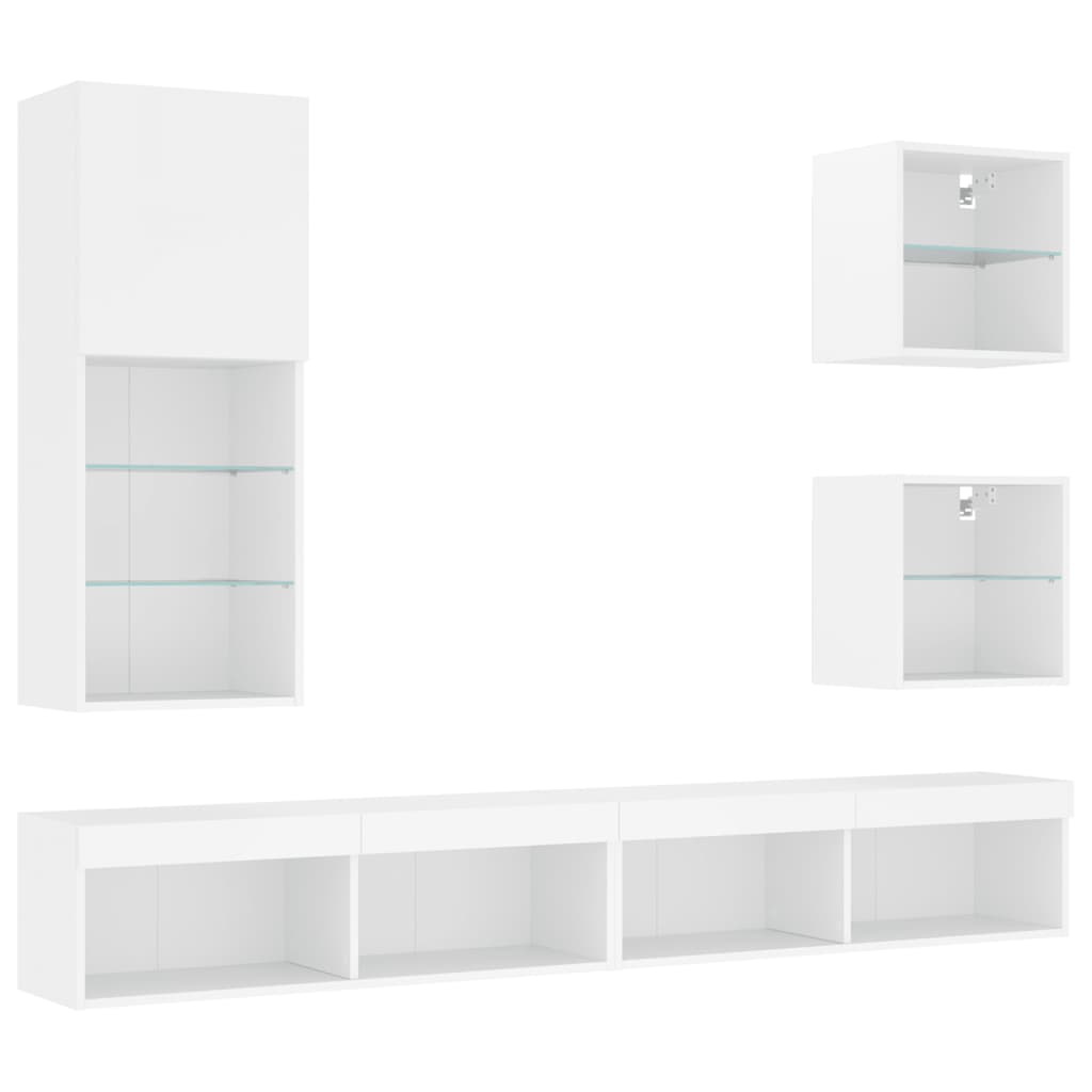 5-Delige Tv-Wandmeubelset Met Led-Verlichting Bewerkt Hout