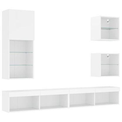 5-Delige Tv-Wandmeubelset Met Led-Verlichting Bewerkt Hout