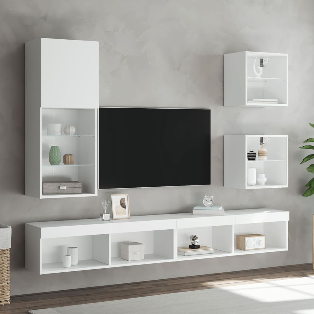5-Delige Tv-Wandmeubelset Met Led-Verlichting Bewerkt Hout