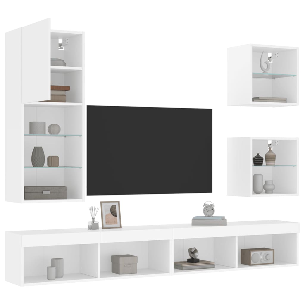 5-Delige Tv-Wandmeubelset Met Led-Verlichting Bewerkt Hout