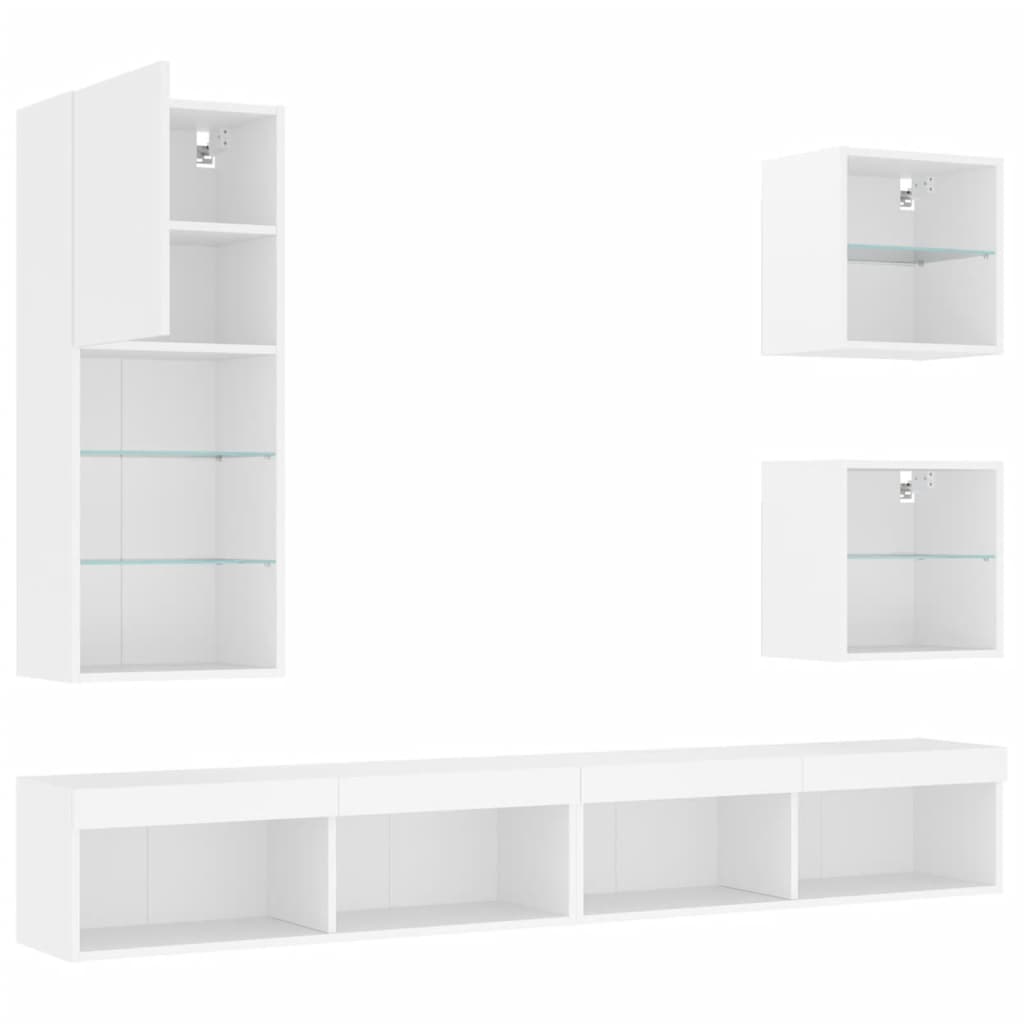 5-Delige Tv-Wandmeubelset Met Led-Verlichting Bewerkt Hout