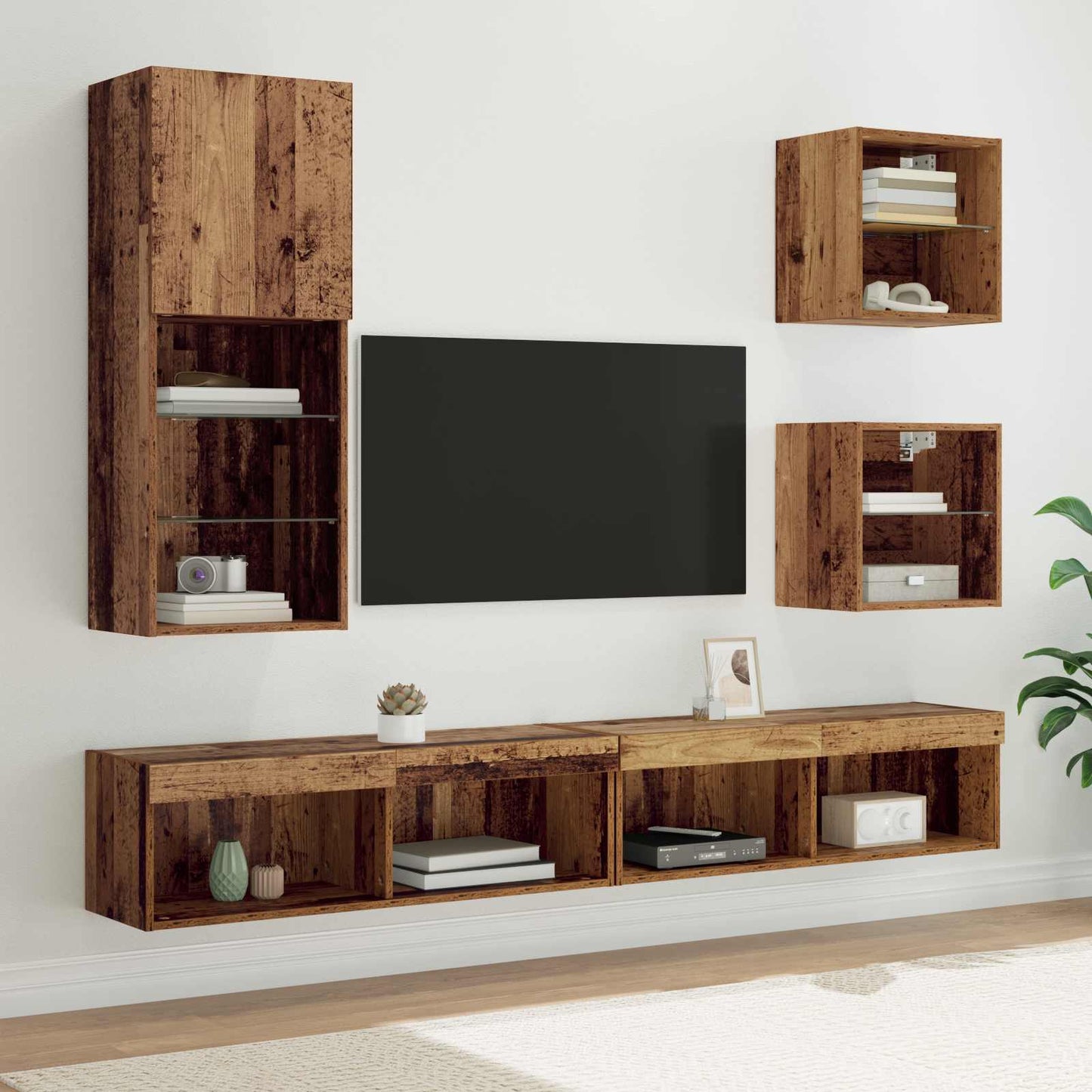 5-Delige Tv-Wandmeubelset Met Led-Verlichting Bewerkt Hout