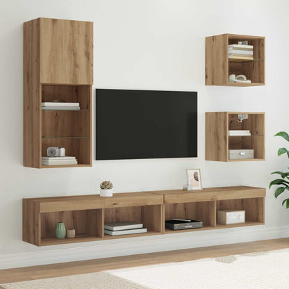5-Delige Tv-Wandmeubelset Met Led-Verlichting Bewerkt Hout