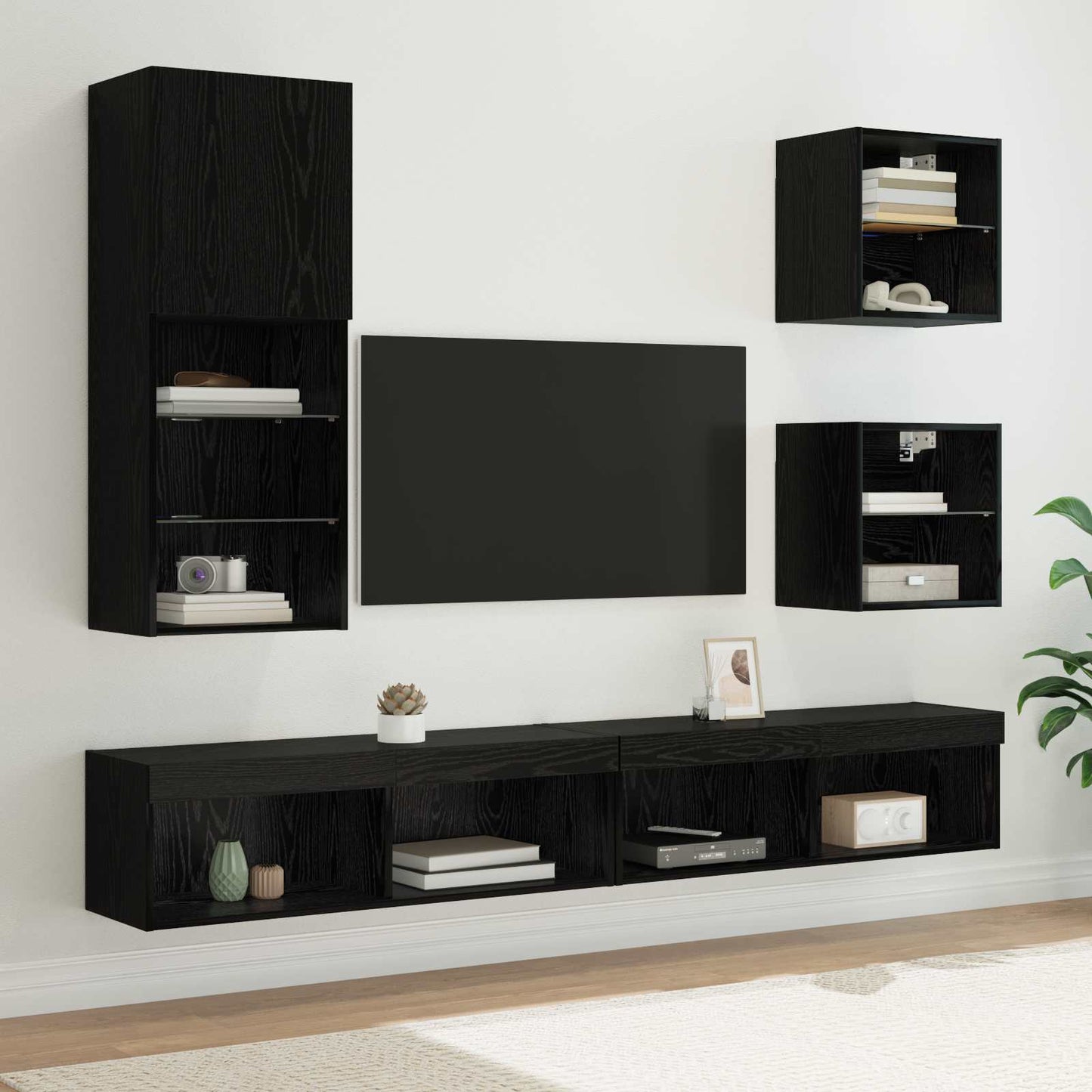 5-Delige Tv-Wandmeubelset Met Led-Verlichting Bewerkt Hout