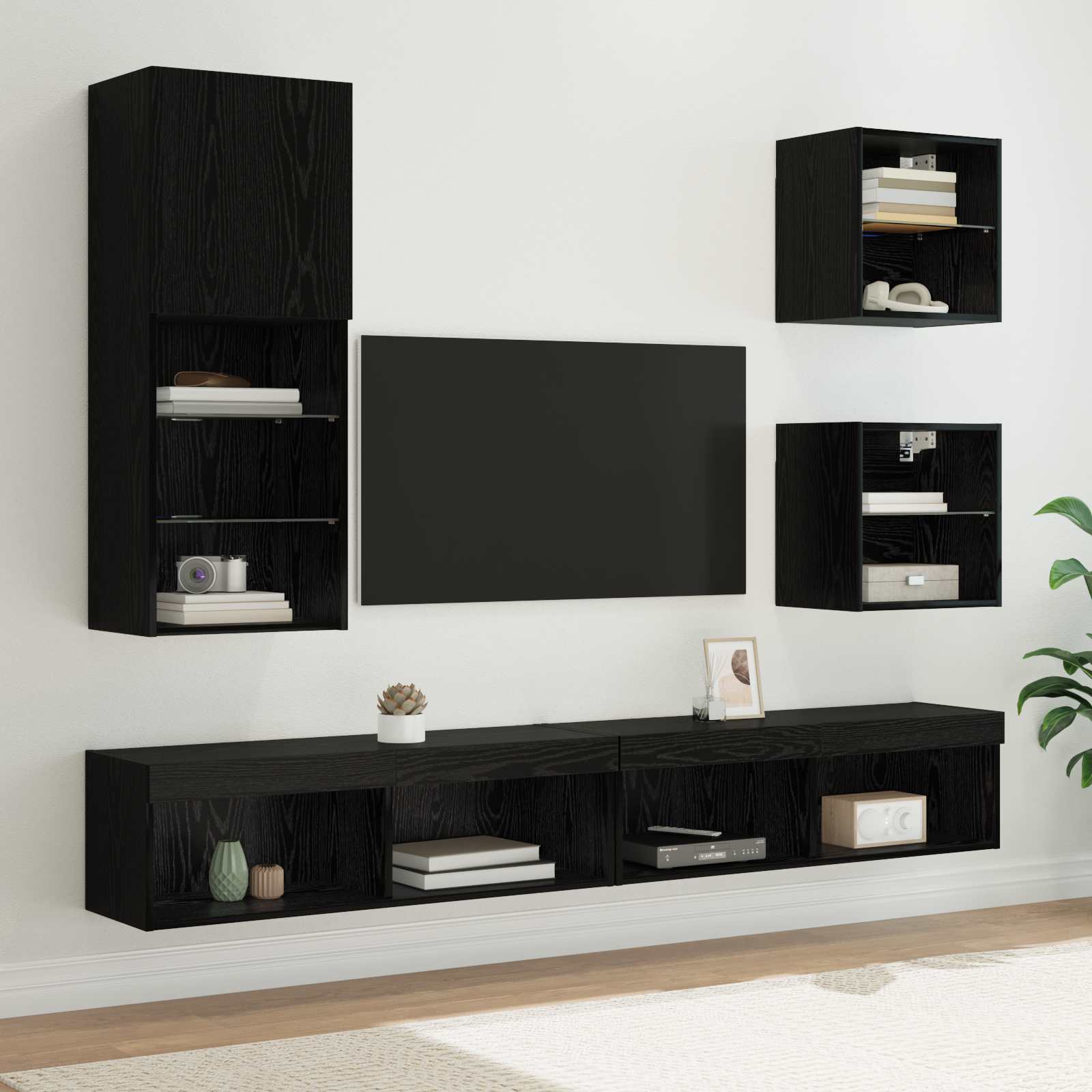 5-Delige Tv-Wandmeubelset Met Led-Verlichting Bewerkt Hout