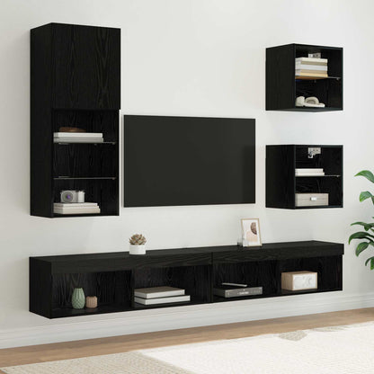 5-Delige Tv-Wandmeubelset Met Led-Verlichting Bewerkt Hout